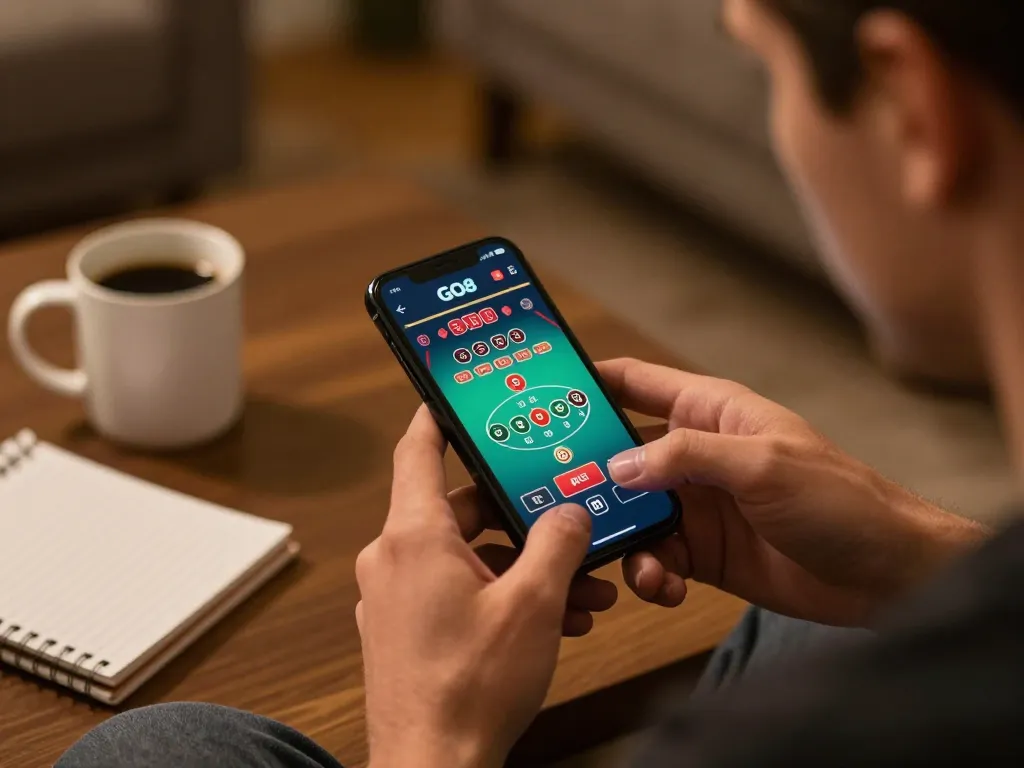 Player exploring GO8 online casino features on smartphone in cozy home environment