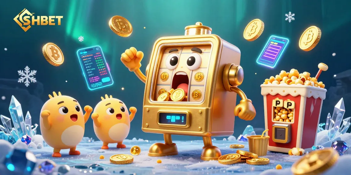 SHBET slot machine surprises players with a jackpot, accented by cryptocurrency elements and vibrant design.