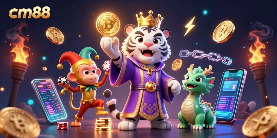 Engage with cm88's exciting gaming scene featuring a royal tiger, playful monkey, and vibrant crypto elements.