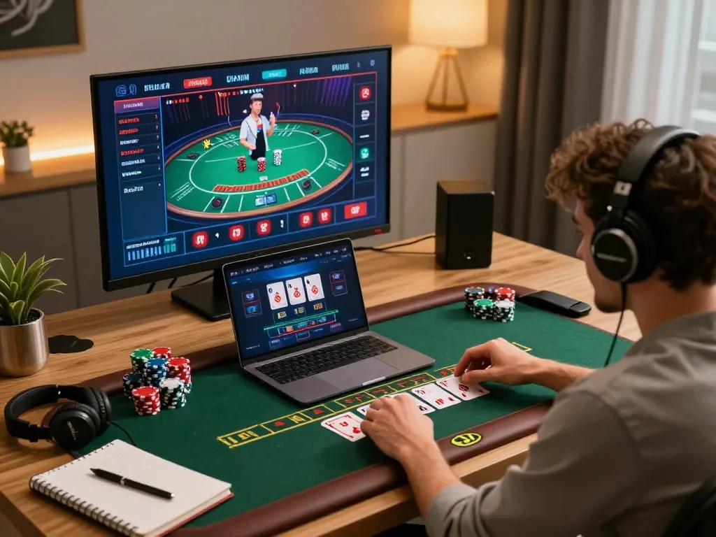 Engaging with UK88 live dealer blackjack at a stylish home setup, showcasing strategy and excitement.