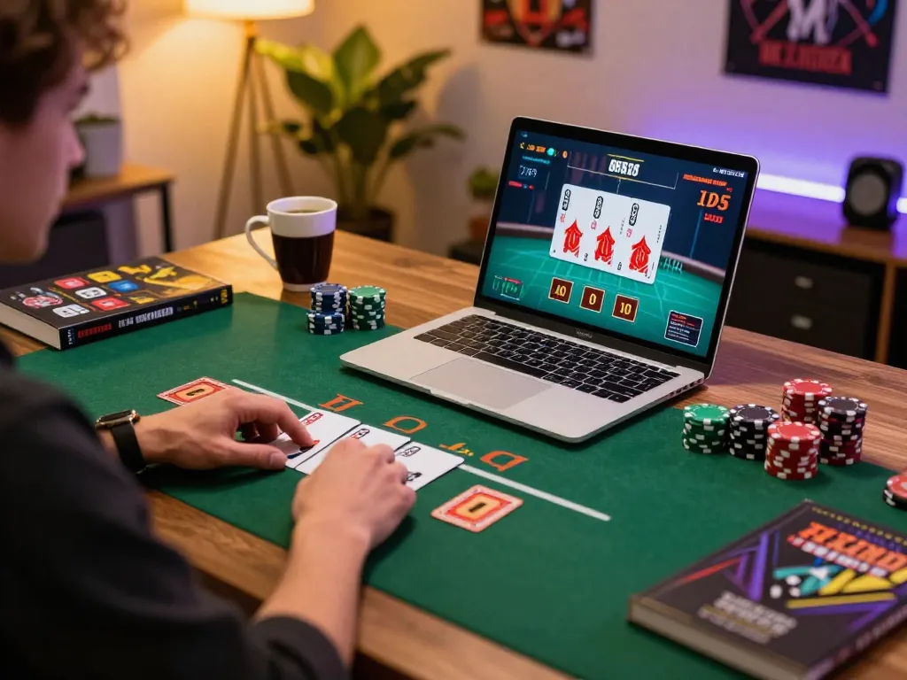 Player enjoying fly88 live dealer blackjack at home, showcasing an immersive online gambling experience.