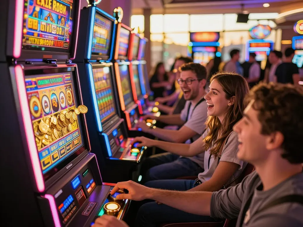 Players spin slot machines at a lively casino while enjoying gaming excitement on https://f168biz.com/ with bright neon lights.