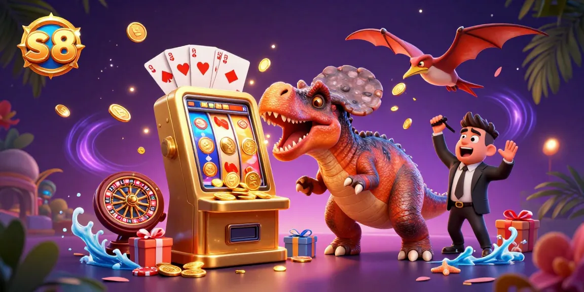 Win big with s 8 by a cartoon dinosaur hitting the jackpot at the casino.