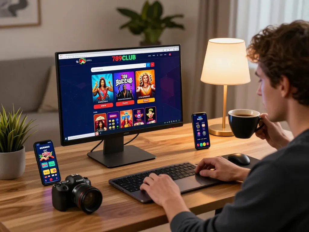 Engaged player strategizing on 789CLUB mobile app amidst a stylish home gaming environment.