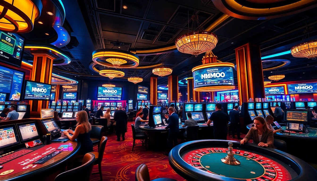 Engaging casino atmosphere featuring MMOO branding, showcasing players at poker and blackjack tables.