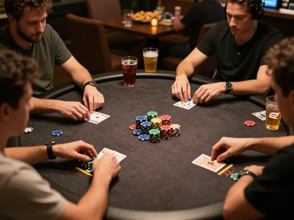 Players enjoying a poker night at home, strategizing wins with chips and cards at https://3win2026.com/