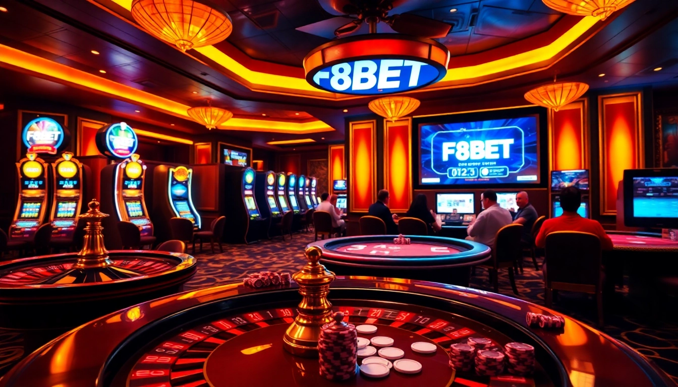 Engaged players enjoying the vibrant atmosphere at F8BET casino with roulette and slot machines.