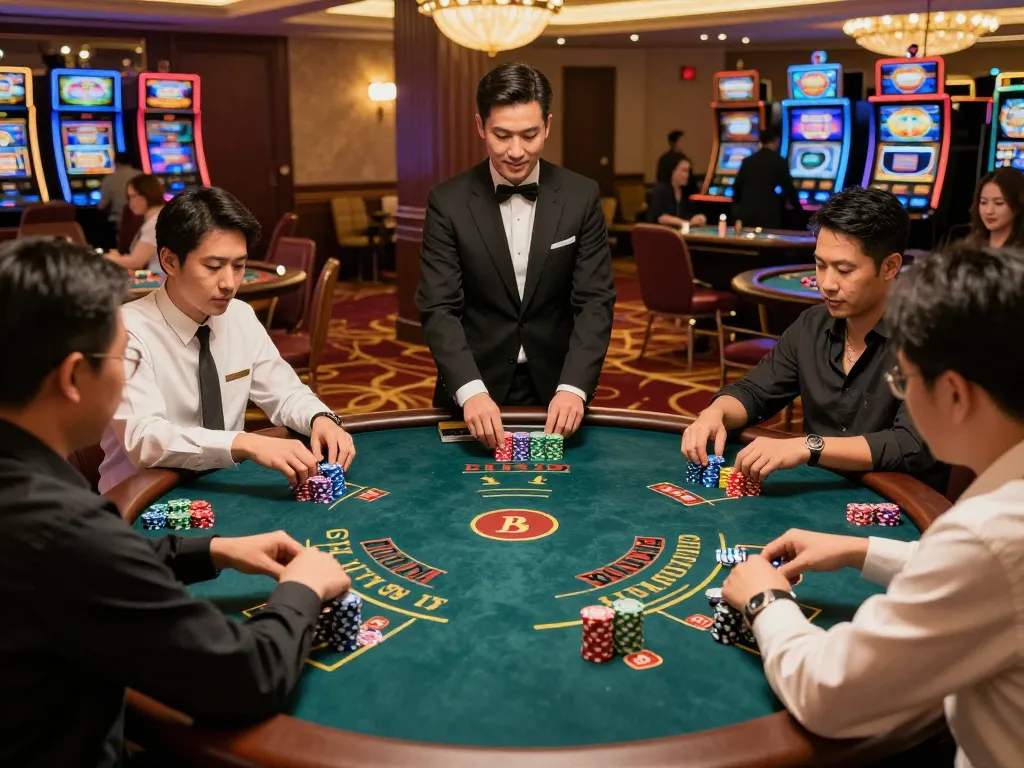 RR99 nhà cái players engaging intensely at a high-stakes baccarat table in a vibrant casino atmosphere