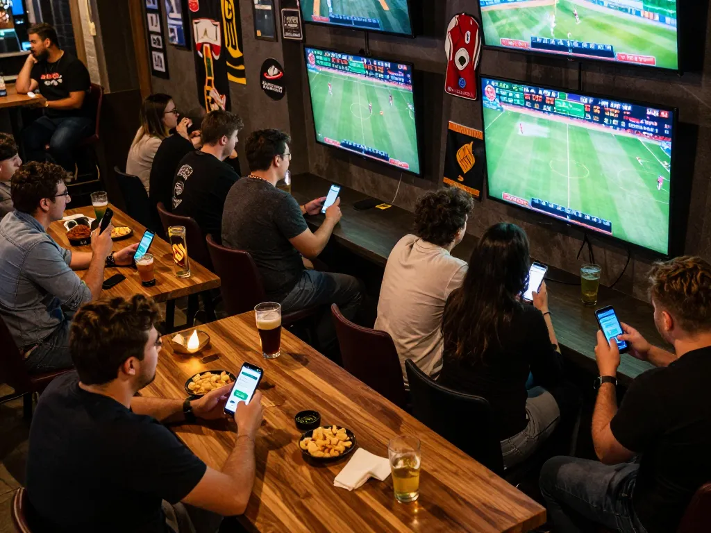 Betting excitement at sports bar with patrons using ok365 app and discussing game strategies.