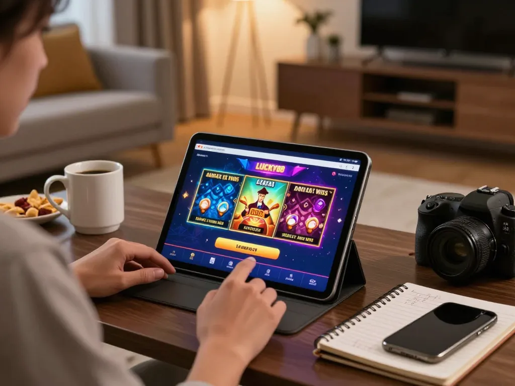 Engaging online gameplay on LUCKY88 app using tablet in a cozy home setting, surrounded by strategic notes.