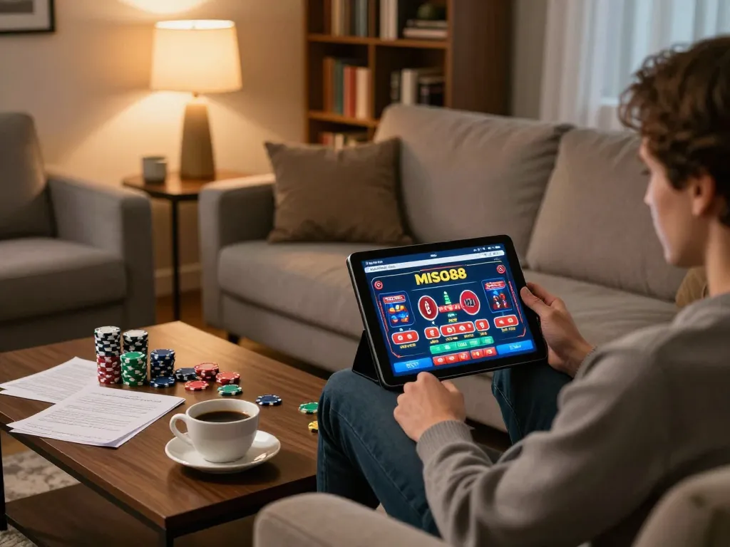 MISO88 app on tablet engages players in online betting strategies, set in a cozy home environment
