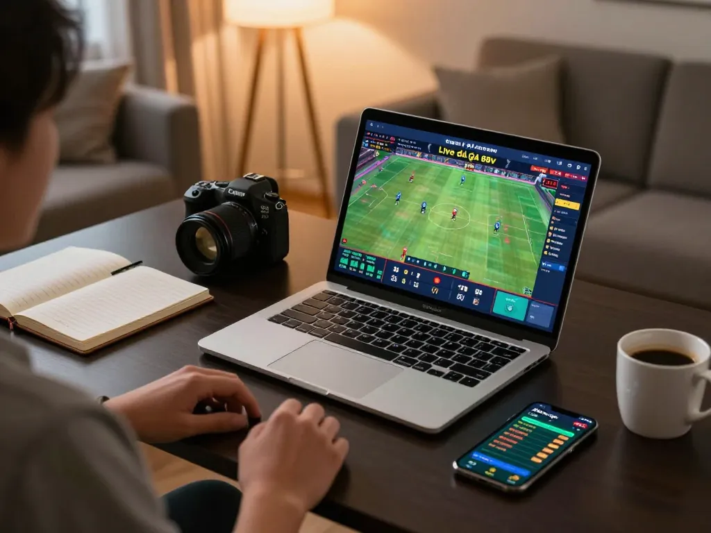 Engaging in đá gà 88vv online betting with a live stream on a laptop and betting notes on the table.