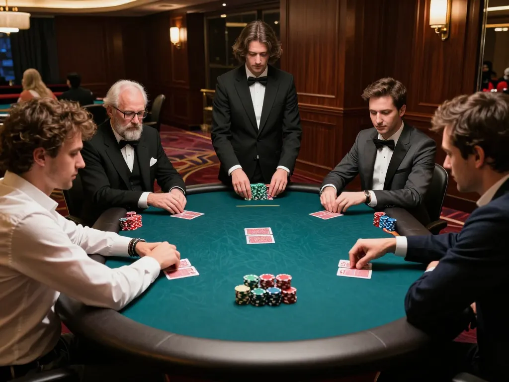 Players engaging in serious poker gameplay at a luxury casino table, highlighting ku88q gaming experience.
