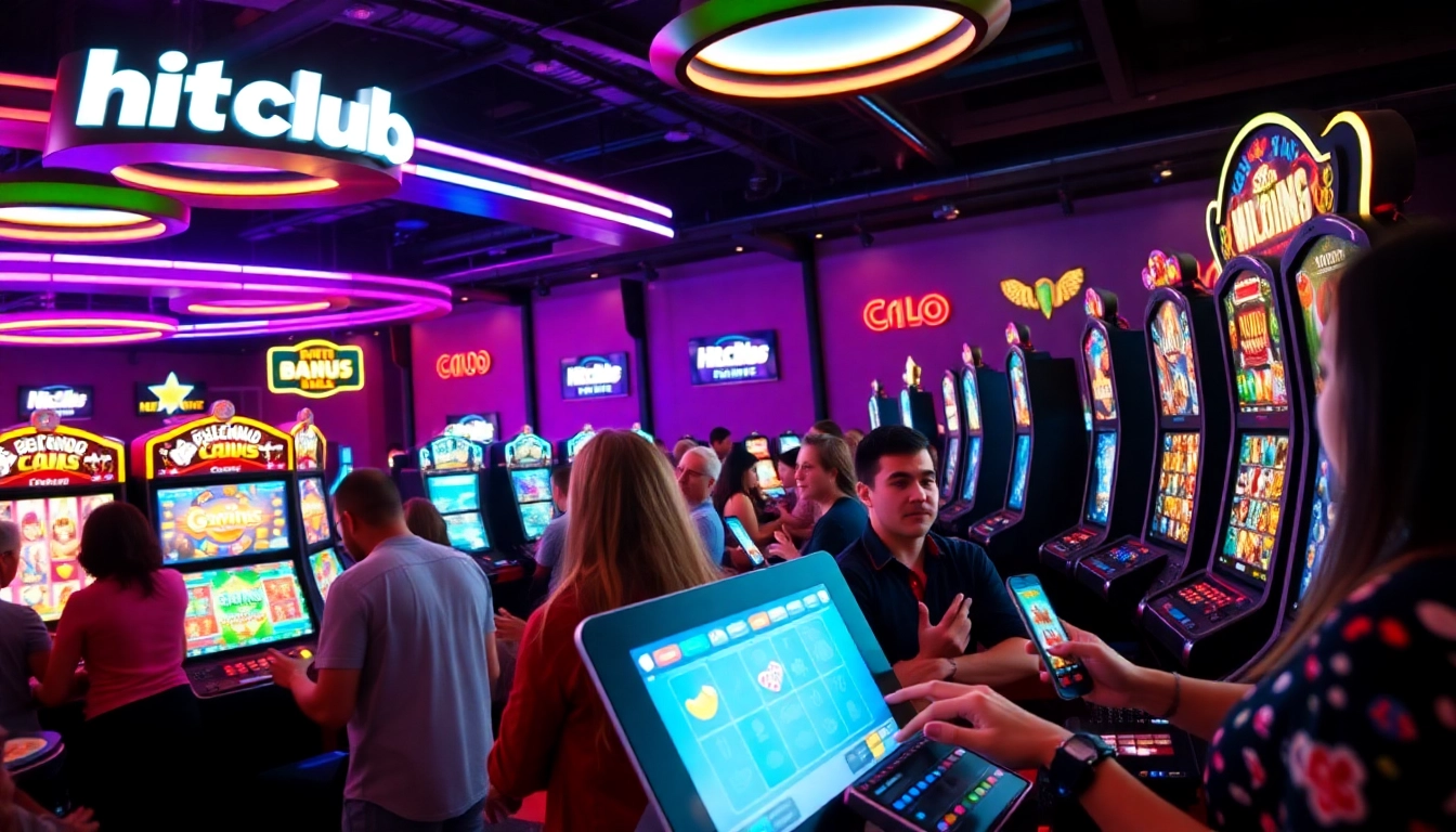 Hitclub gaming scene featuring diverse players enjoying vibrant casino games on digital devices.