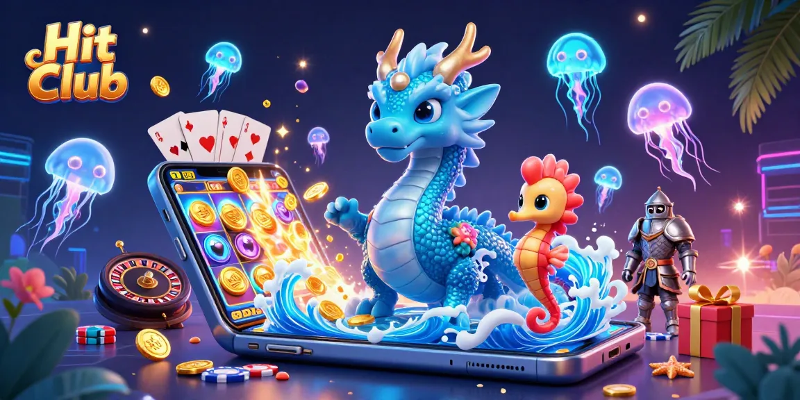 Engage with Hit Club's vibrant gaming world featuring a dragon, seahorse knight, and jellyfish in a rich casino atmosphere.