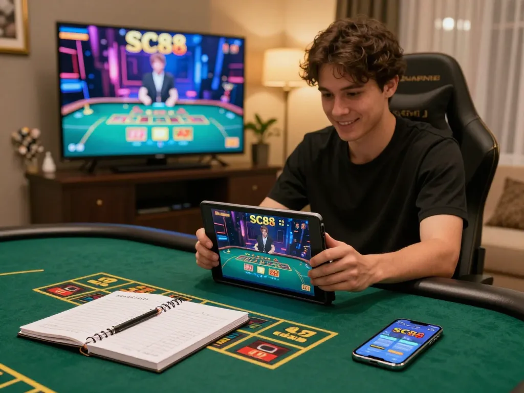 Engaging in SC88 social online gaming with a modern setup, showing strategy and home comfort.