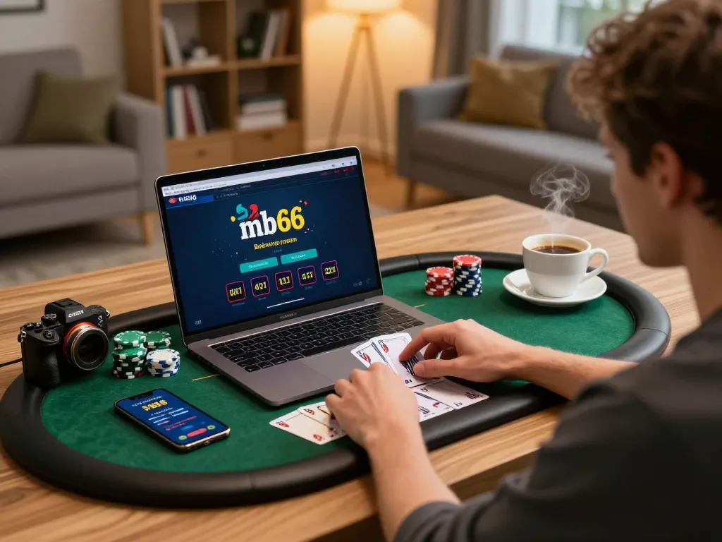 Person strategizing in the mb66 online poker room with vibrant chips and cards on desk.