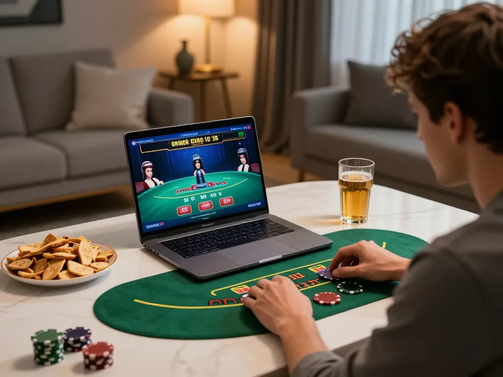 Player enjoying engaging sc88 blackjack game on laptop in cozy setting