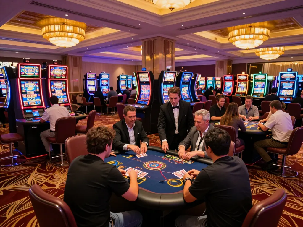Players enjoying a lively game at 555win casino, vibrant atmosphere with slot machines and card tables.