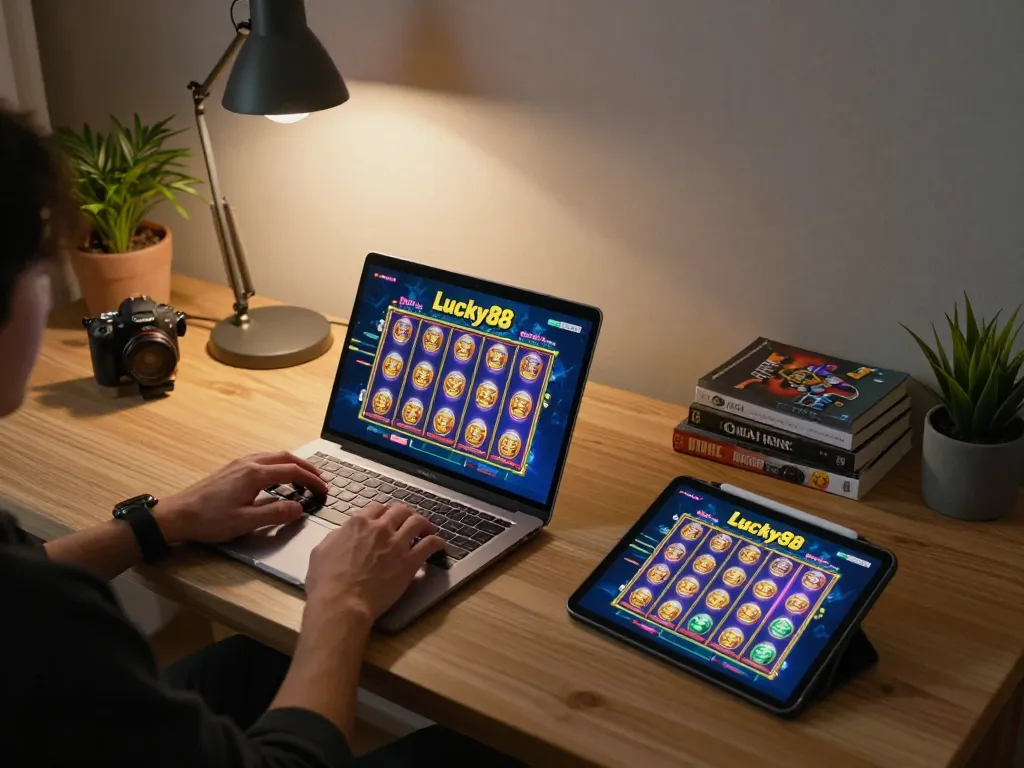 Engaging with Lucky88 online while enjoying a cozy home gaming setup with tablet and laptop.