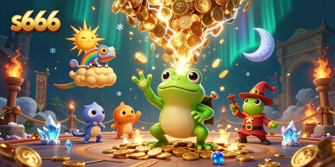 Win big with s666 in this vibrant casino illustration showcasing enchanting characters and golden coins.