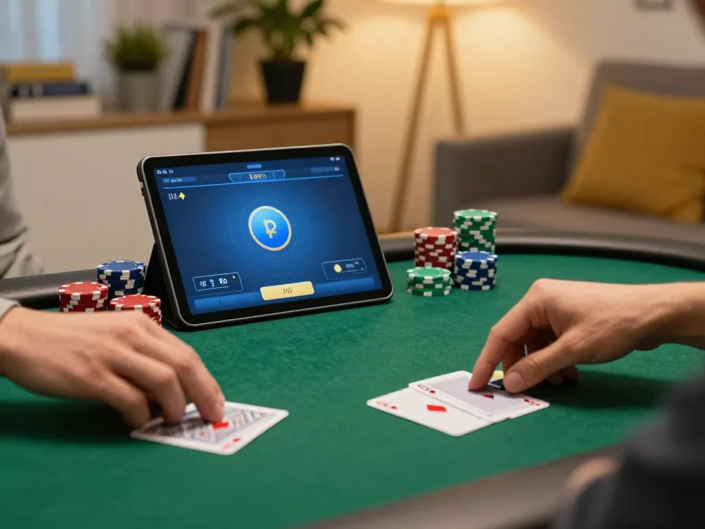 Player engaging in an online poker game with SC88 tablet, showcasing strategic gameplay and colorful chips.