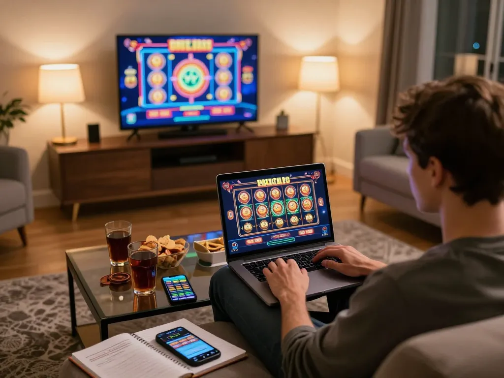 Experience lc88 my online gaming with a cozy home setup including laptop and snacks.