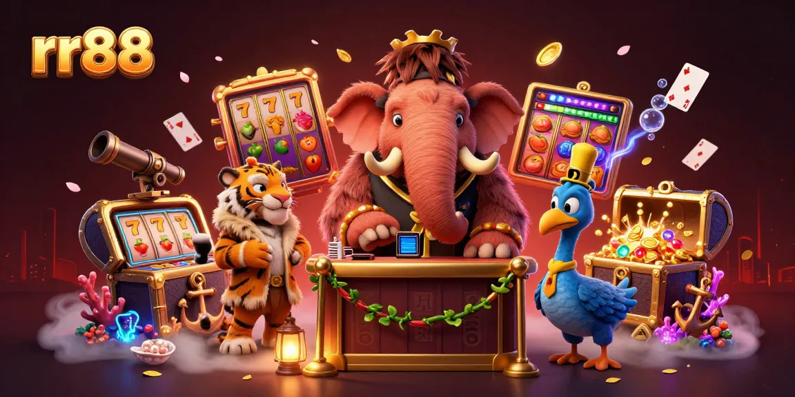 Bet with RR88 in a vibrant casino scene featuring a mammoth bouncer and a saber-tooth tiger VIP