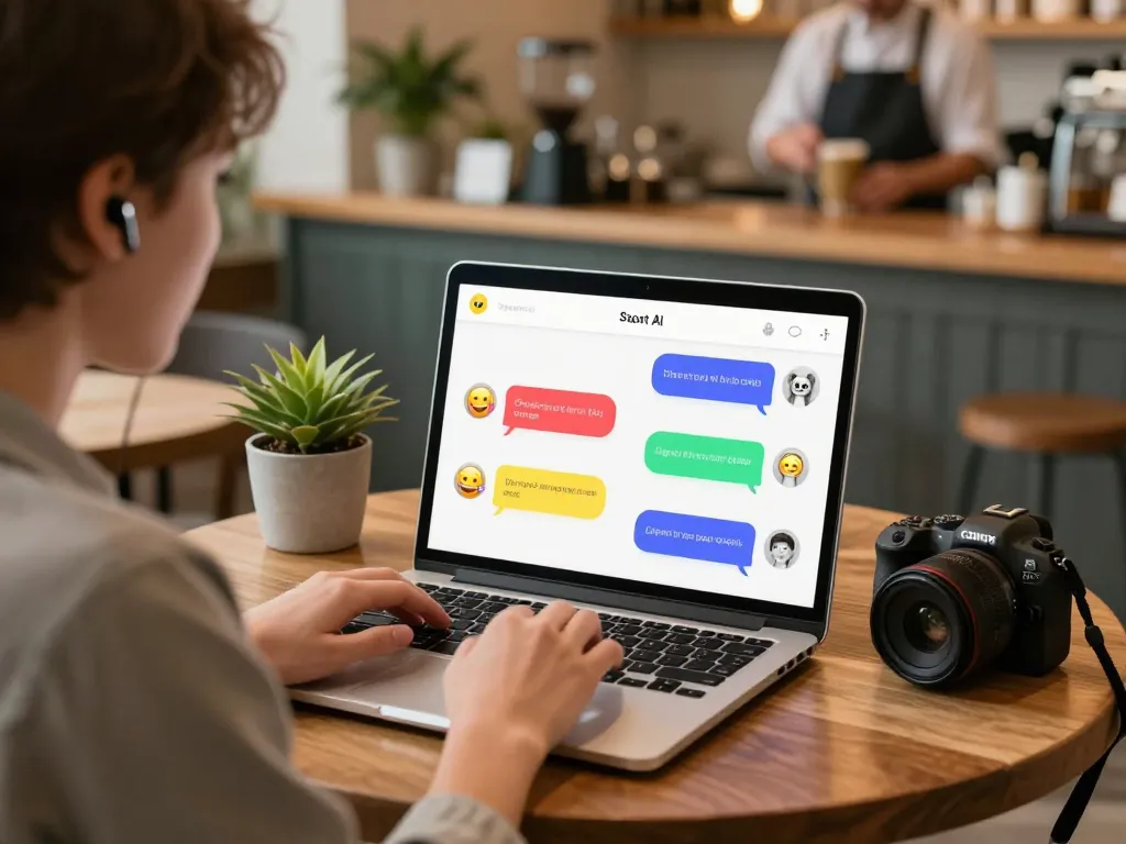 Engaging with spicy chat AI on a laptop in a cozy coffee shop environment.