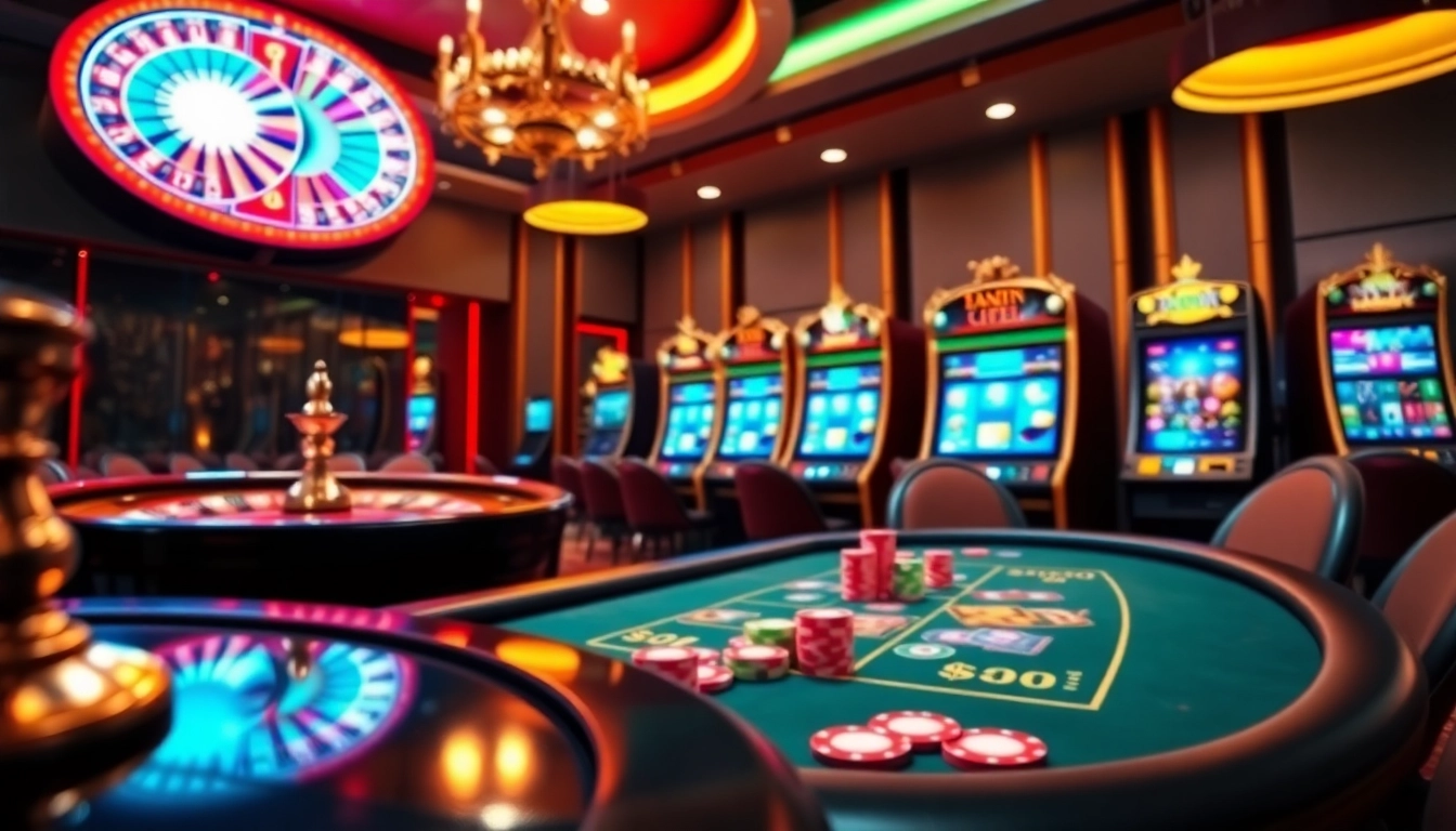 Action-packed scene at Trang Chủ DEBET showcasing roulette, slots, and poker excitement.