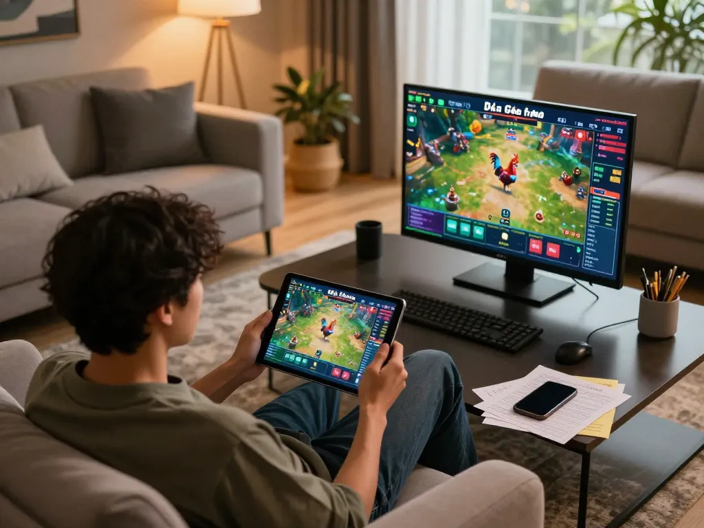 Engaged user participating in Đá gà thomo online matches on a tablet at home, highlighting responsible gaming lifestyle.
