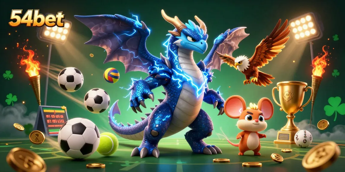 A dynamic illustration of 54bet featuring a thunder dragon, sports elements, and a vibrant casino atmosphere