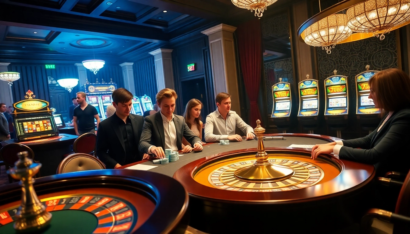 A thrilling casino scene featuring players at a poker table and a roulette wheel, exemplifying 789P's luxury gaming environment.