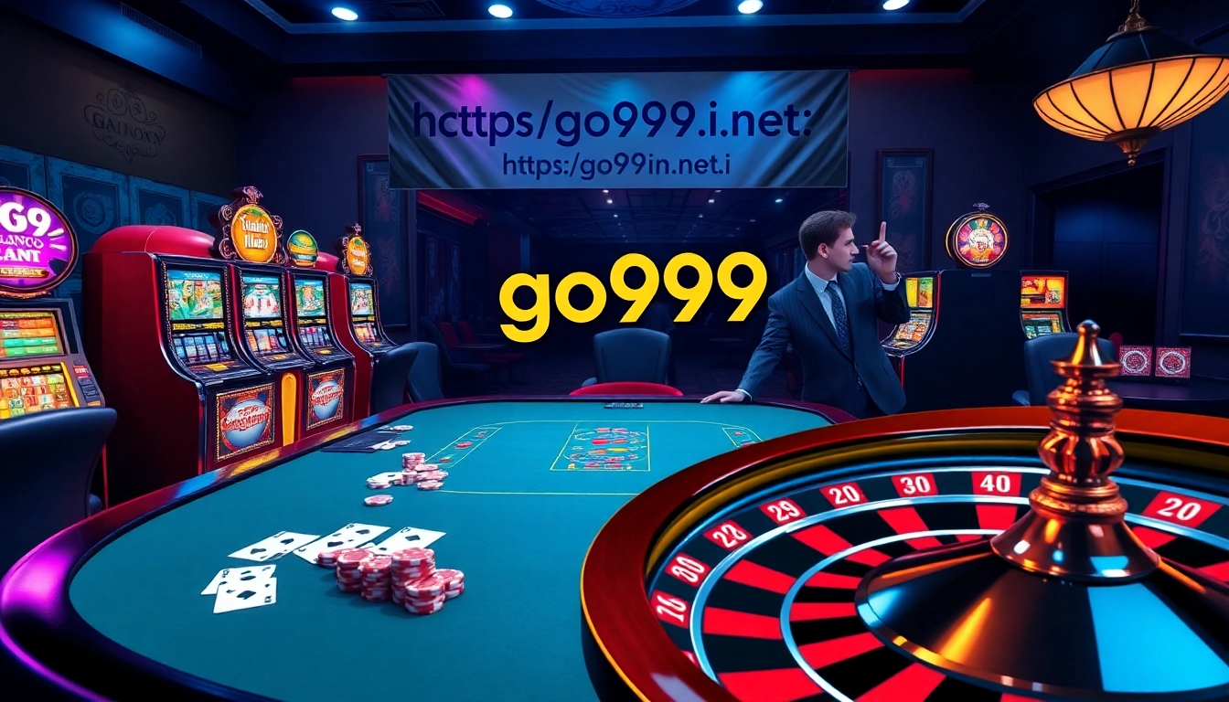 Engaging gambling scene at https://go999.in.net/ featuring vibrant slot machines and stylish blackjack tables.