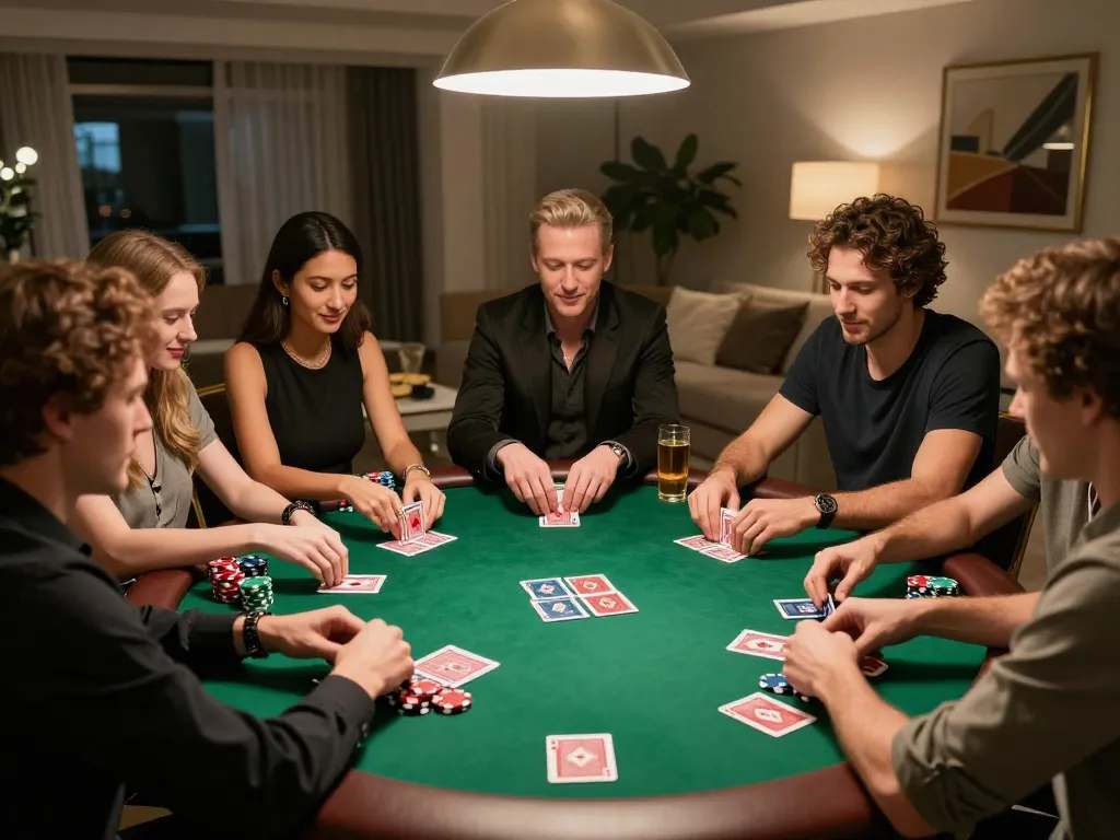 Players strategize during a poker game night at home, showcasing 789WIN atmosphere.