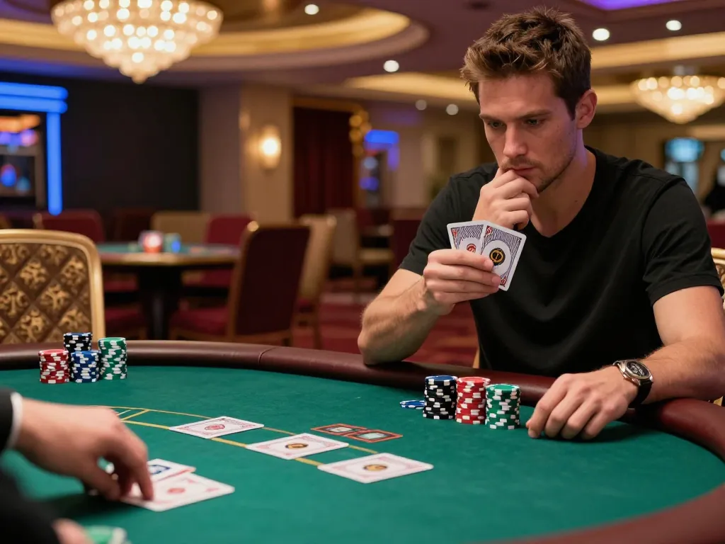 11WIN blackjack players strategizing bets at a luxurious casino table.