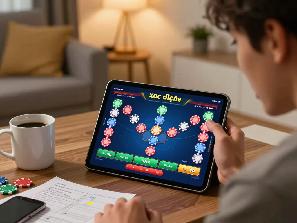 xóc đĩa trực tuyến gameplay displayed on a tablet, showcasing vibrant colors and anticipation.
