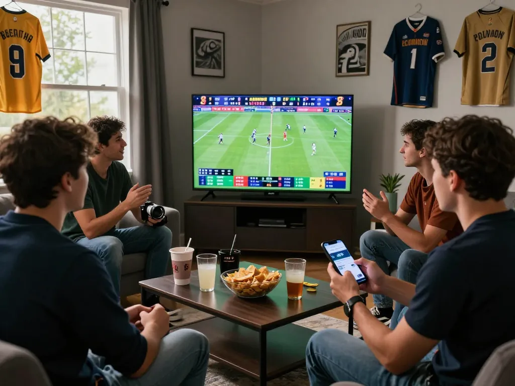 Excited friends engaging in debet sports betting during a live game.
