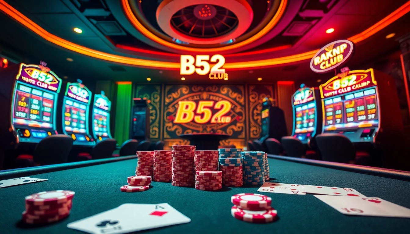 B52 CLUB gaming table with colorful chips and cards, creating an exciting casino atmosphere.