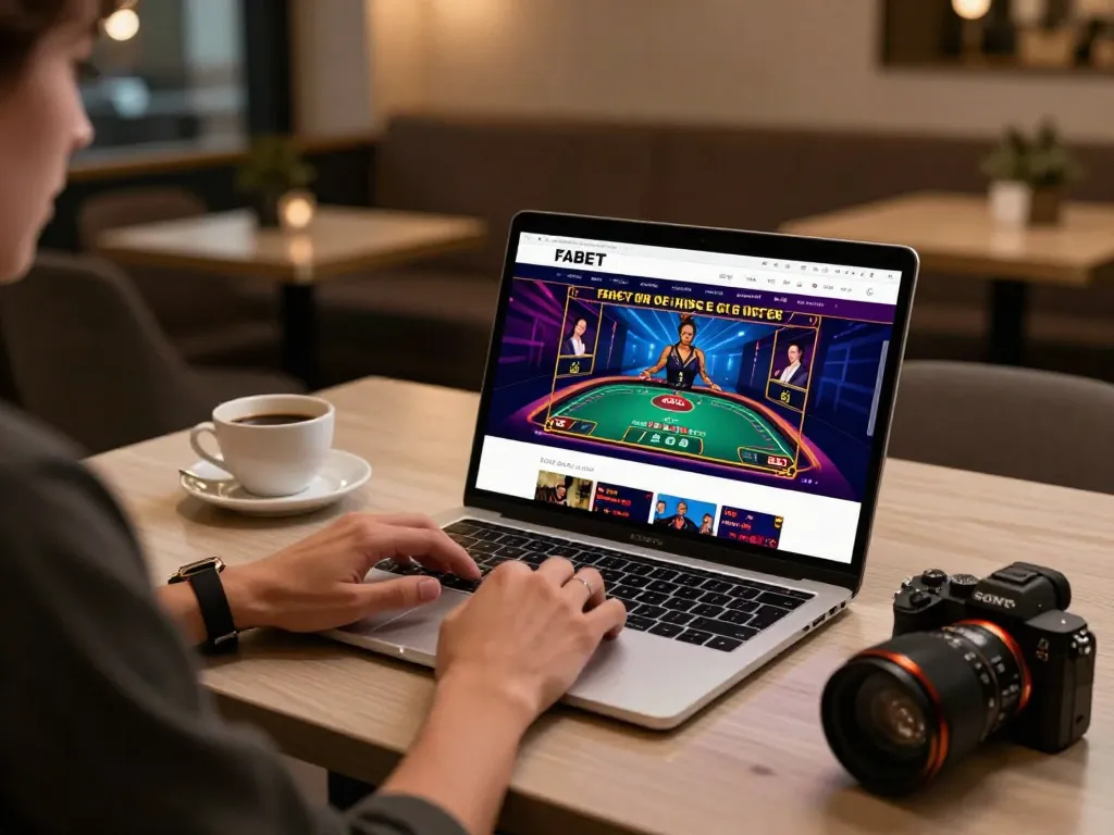 Person engaging in online gambling on fabet platform at a modern workspace, immersive experience