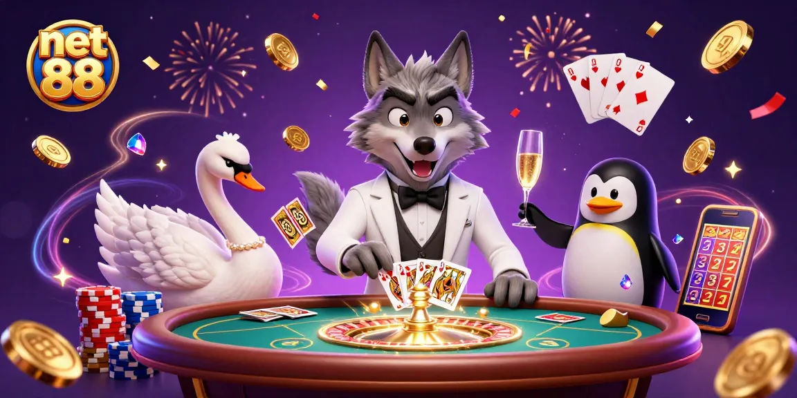 Experience the excitement of net 88 with animated characters and casino elements in a vibrant 3D scene.