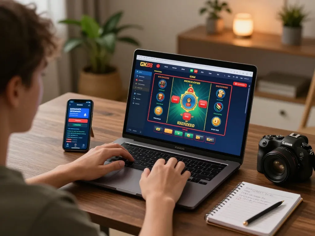 Engaging in strategic gameplay on GK88's online casino platform from a cozy home setup