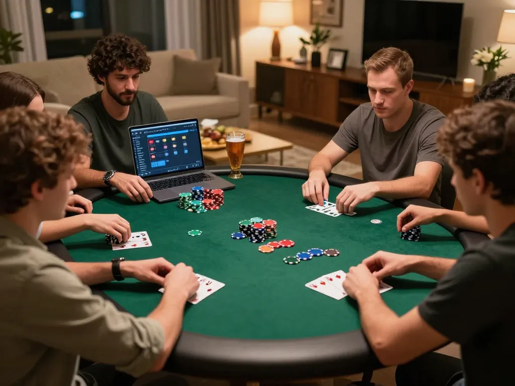The poker game at home showcases players engaged while using https://nk88.co.uk/ for strategy tips, creating a friendly atmosphere.