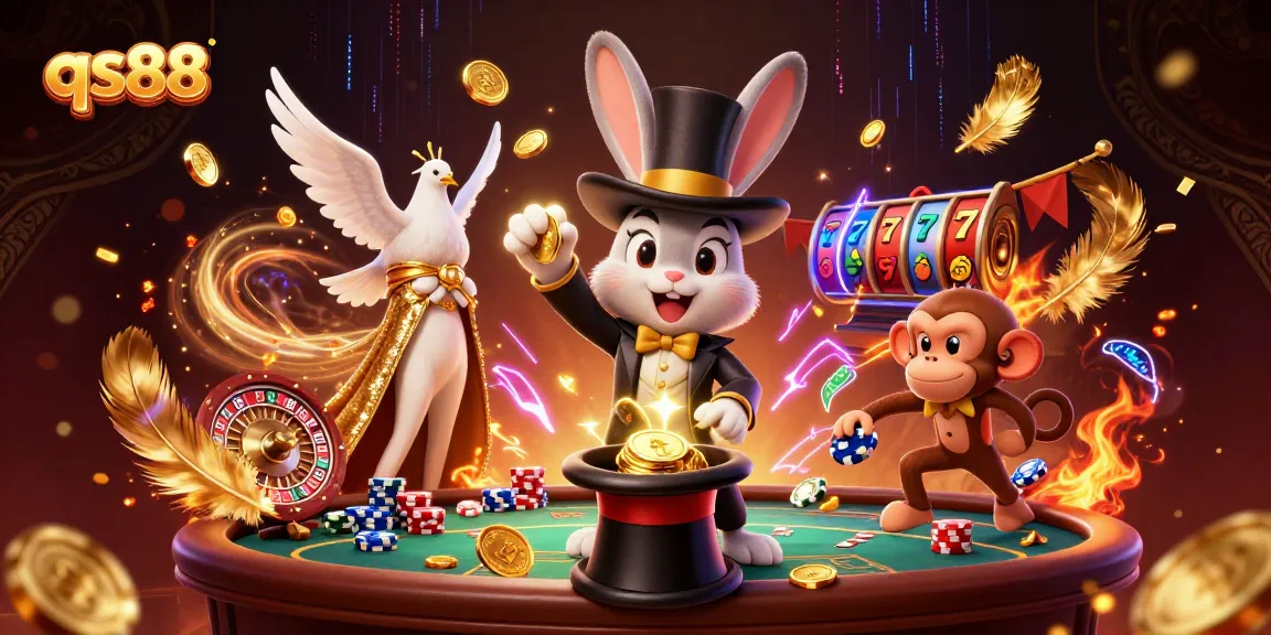 Experience the magic of qs88 as the magician rabbit pulls golden coins in this vibrant casino scene.