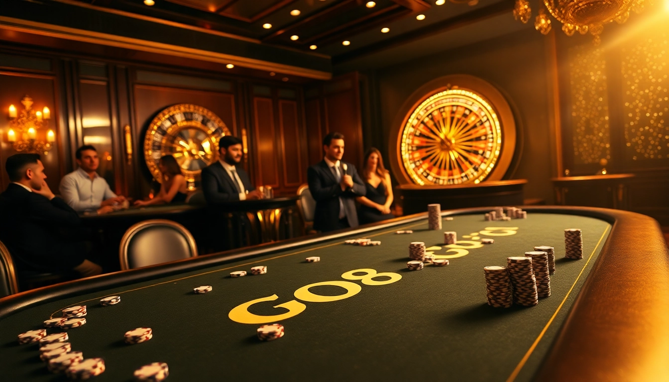 Experience the thrill of high-stakes gambling at the GO8 poker table, with vibrant chips and cards.