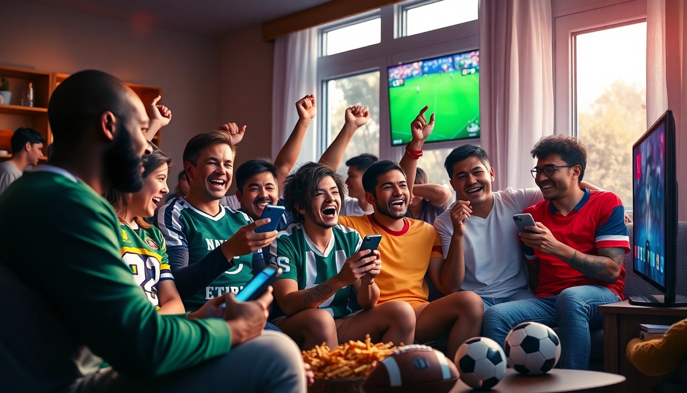 Excited football fans enjoying a live match experience on https://socolive.gold/ across various devices.