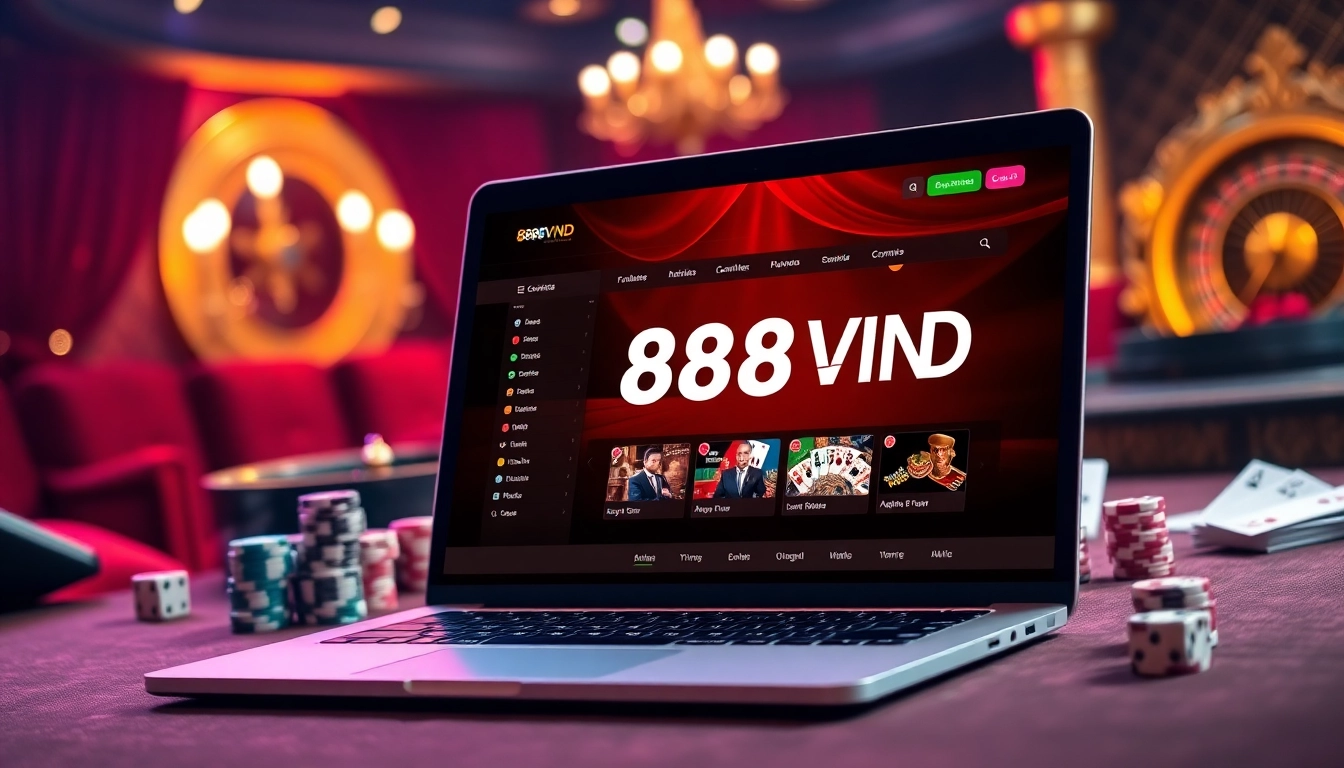 Experience the excitement of tải 888VND with a luxurious online gambling interface and vibrant casino elements.