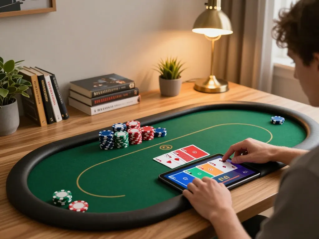 Player enjoying online poker at home on SKY88 tablet in a cozy ambiance