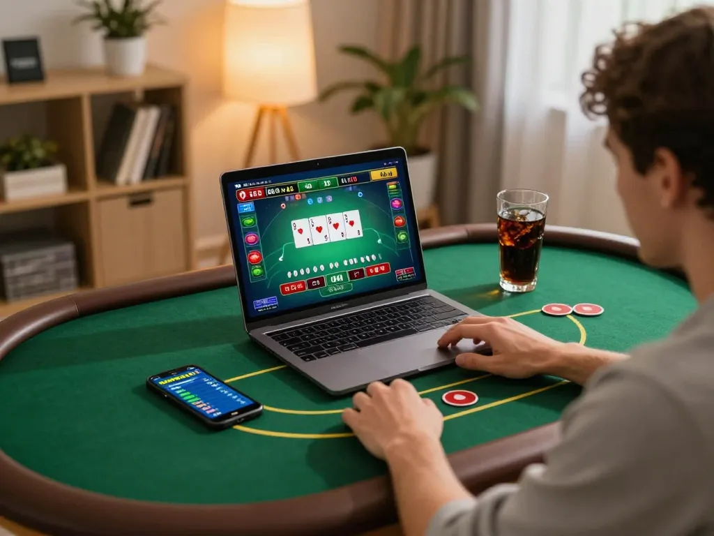 Engaging in online poker at home with uk88 app on laptop and sportsbook odds on smartphone