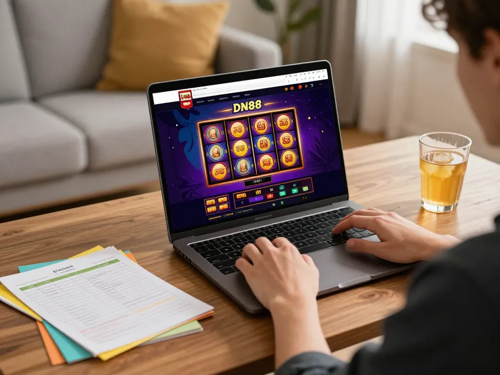 Engaging in online gambling at DN88 with vibrant slot game interface on a laptop.